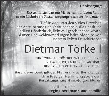 Traueranzeige von Dietmar Törkell von Trauerkombi Aschersleben