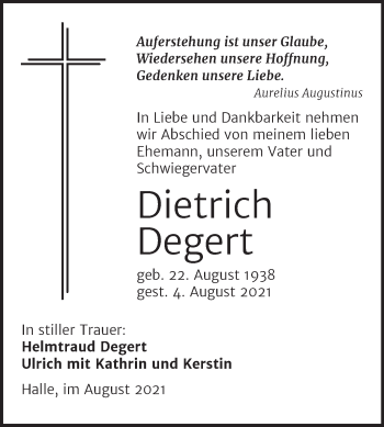 Traueranzeige von Dietrich Degert von Mitteldeutsche Zeitung Halle/Saalkreis