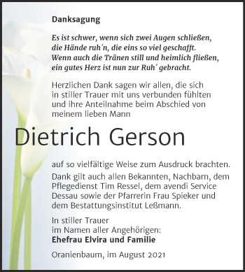 Traueranzeige von Dietrich Gerson von Trauerkombi Wittenberg