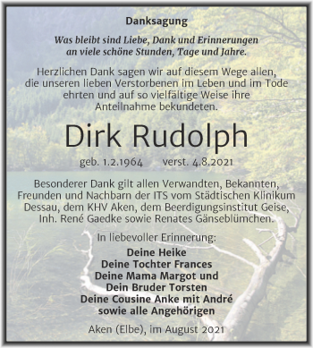 Traueranzeige von Dirk Rudolph von Trauerkombi Köthen