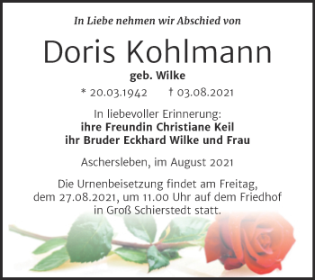 Traueranzeige von Doris Kohlmann von Trauerkombi Aschersleben