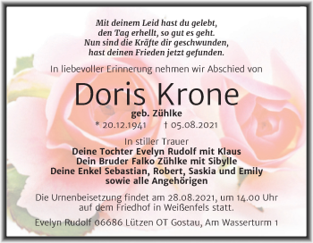 Traueranzeige von Doris Krone von Trauerkombi Weißenfels