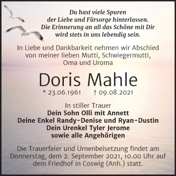 Traueranzeige von Doris Mahle von Trauerkombi Wittenberg