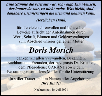 Traueranzeige von Doris Morich von Trauerkombi Aschersleben