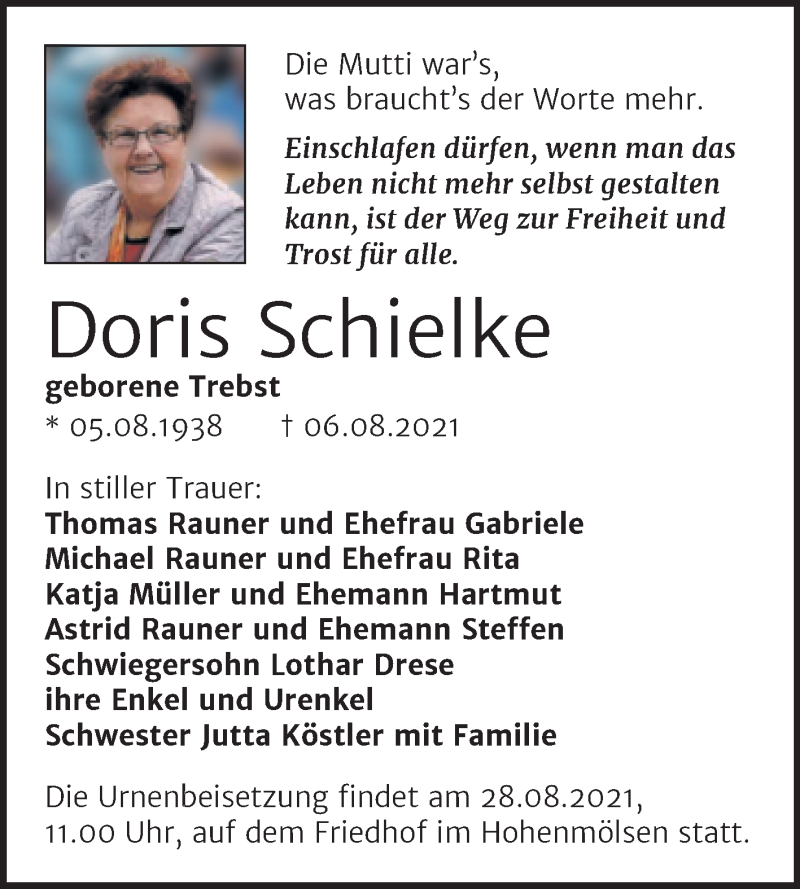  Traueranzeige für Doris Schielke vom 14.08.2021 aus Trauerkombi Weißenfels