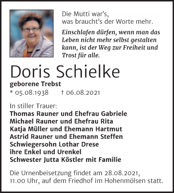 Traueranzeige von Doris Schielke von Trauerkombi Weißenfels