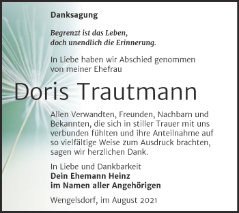 Traueranzeige von Doris Trautmann von Trauerkombi Merseburg