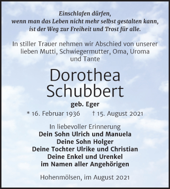 Traueranzeige von Dorothea Schubbert von Trauerkombi Weißenfels