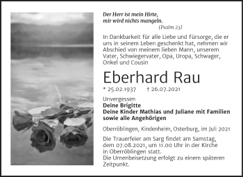 Traueranzeige von Eberhard Rau von Trauerkombi Sangerhausen