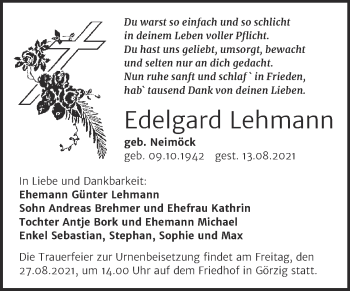 Traueranzeige von Edelgard Lehmann von Trauerkombi Köthen