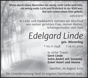 Traueranzeige von Edelgard Linde von Trauerkombi Merseburg