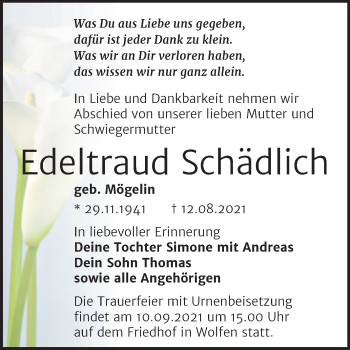 Traueranzeige von Edeltraud Schädlich von Trauerkombi Bitterfeld