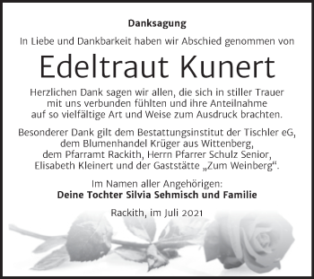 Traueranzeige von Edeltraut Kunert von Trauerkombi Wittenberg