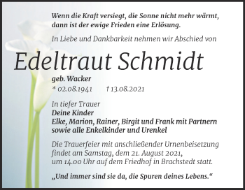 Traueranzeige von Edeltraut Schmidt von Mitteldeutsche Zeitung Halle/Saalkreis