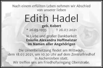 Traueranzeige von Edith Hadel von Trauerkombi Aschersleben
