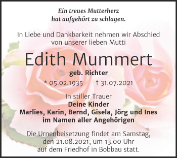 Traueranzeige von Edith Mummert von Trauerkombi Bitterfeld
