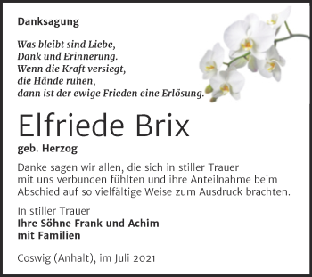 Traueranzeige von Elfriede Brix von Trauerkombi Wittenberg