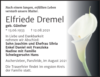 Traueranzeige von Elfriede Dremel von Trauerkombi Quedlinburg