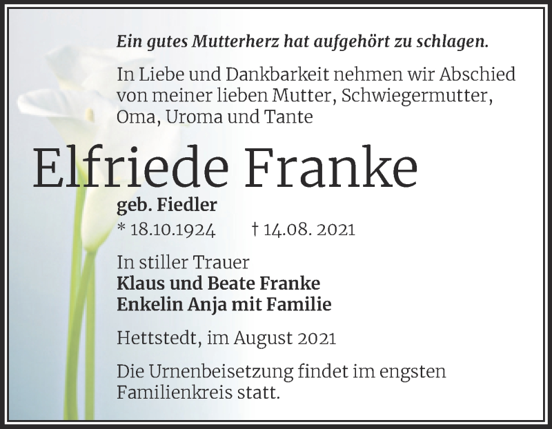  Traueranzeige für Elfriede Franke vom 20.08.2021 aus Trauerkombi Mansfelder Land