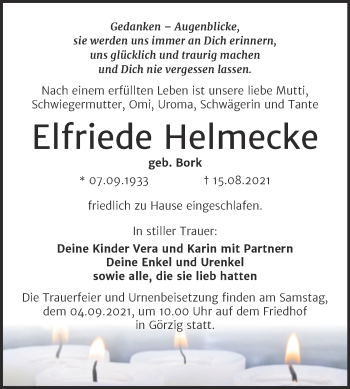 Traueranzeige von Elfriede Helmecke von Trauerkombi Köthen