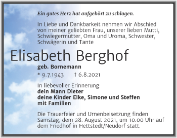 Traueranzeige von Elisabeth Berghof von Trauerkombi Mansfelder Land