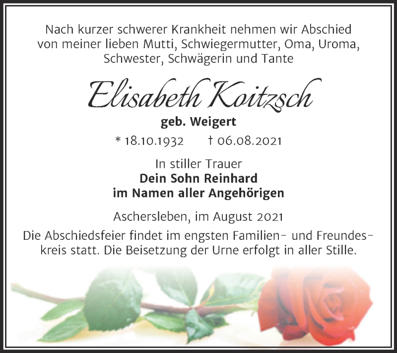  Traueranzeige für Elisabeth Koitzsch vom 14.08.2021 aus Trauerkombi Aschersleben
