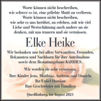 Traueranzeige von Elke Heike von Trauerkombi Quedlinburg