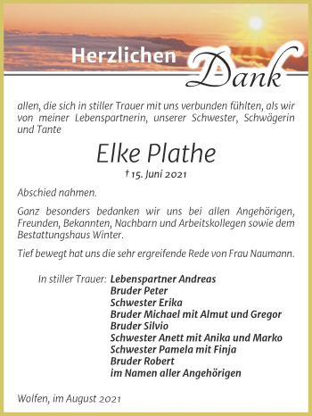 Traueranzeige von Elke Plathe von Trauerkombi Bitterfeld