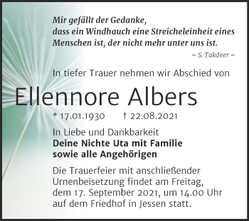 Traueranzeige von Ellennore Albers von Trauerkombi Wittenberg