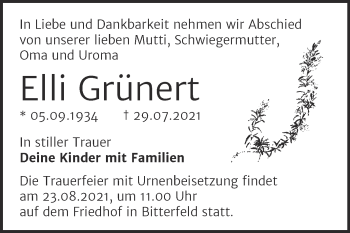 Traueranzeige von Elli Grünert von Trauerkombi Bitterfeld