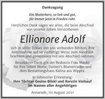 Traueranzeige von Ellionore Adolf von Trauerkombi Mansfelder Land