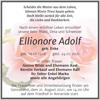 Traueranzeige von Ellionore Adolf von Trauerkombi Mansfelder Land
