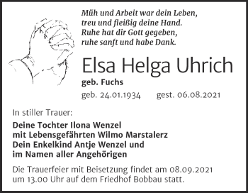 Traueranzeige von Elsa Helga Uhrich von Trauerkombi Bitterfeld