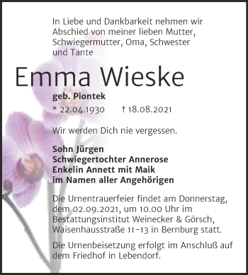 Traueranzeige von Emma Wieske von Trauerkombi Bernburg