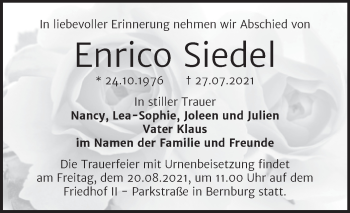 Traueranzeige von Enrico Siedel von Trauerkombi Bernburg