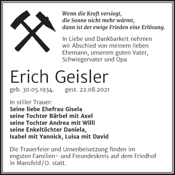 Traueranzeige von Erich Geister von Trauerkombi Mansfelder Land