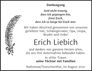 Traueranzeige von Erich Liebich von Trauerkombi Bernburg