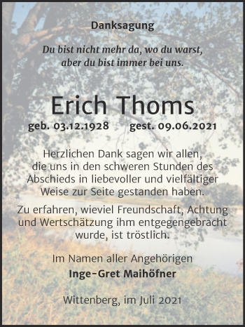 Traueranzeige von Erich Thoms von Trauerkombi Wittenberg