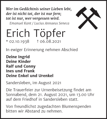 Traueranzeige von Erich Töpfer von Trauerkombi Mansfelder Land