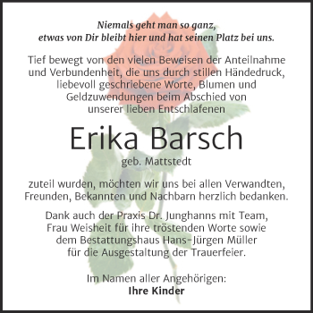 Traueranzeige von Erika Barsch von Trauerkombi Aschersleben