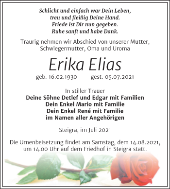 Traueranzeige von Erika Elias von Trauerkombi Merseburg