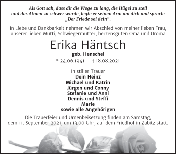 Traueranzeige von Erika Häntsch von Trauerkombi Köthen
