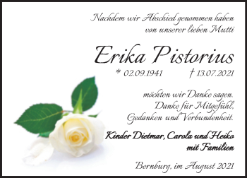 Traueranzeige von Erika Pistorius von Trauerkombi Bernburg