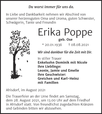 Traueranzeige von Erika Poppe von Trauerkombi Mansfelder Land