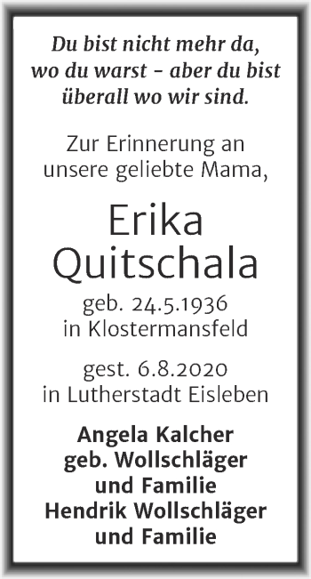 Traueranzeige von Erika Quitschala von Mitteldeutsche Zeitung Mansfelder Land
