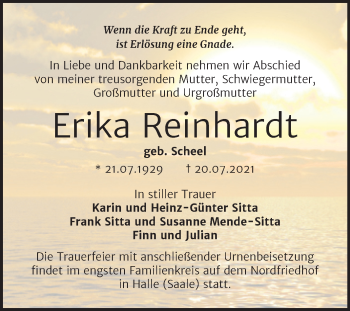 Traueranzeige von Erika Reinhardt von Mitteldeutsche Zeitung Halle/Saalkreis