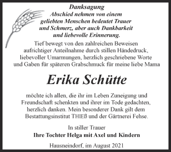 Traueranzeige von Erika Schütte von Trauerkombi Quedlinburg