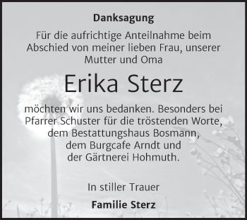 Traueranzeige von Erika Sterz von Mitteldeutsche Zeitung Halle/Saalkreis