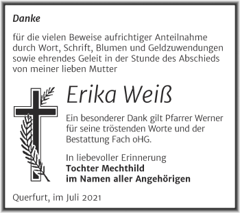 Traueranzeige von Erika Weiß von Trauerkombi Merseburg