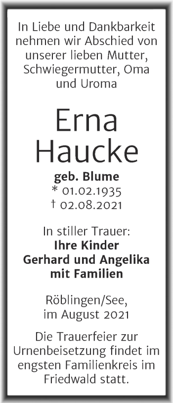 Traueranzeige von Erna Haucke von Trauerkombi Mansfelder Land